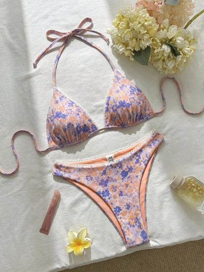 Swim Mod 2026ss Light Blue Floral Women Bikini Sets 2 Pieces Bathing Suits,Summer Casual Holiday Vacation Holiday Sweet&Cute Ditsy Floral Reversible Swimwear