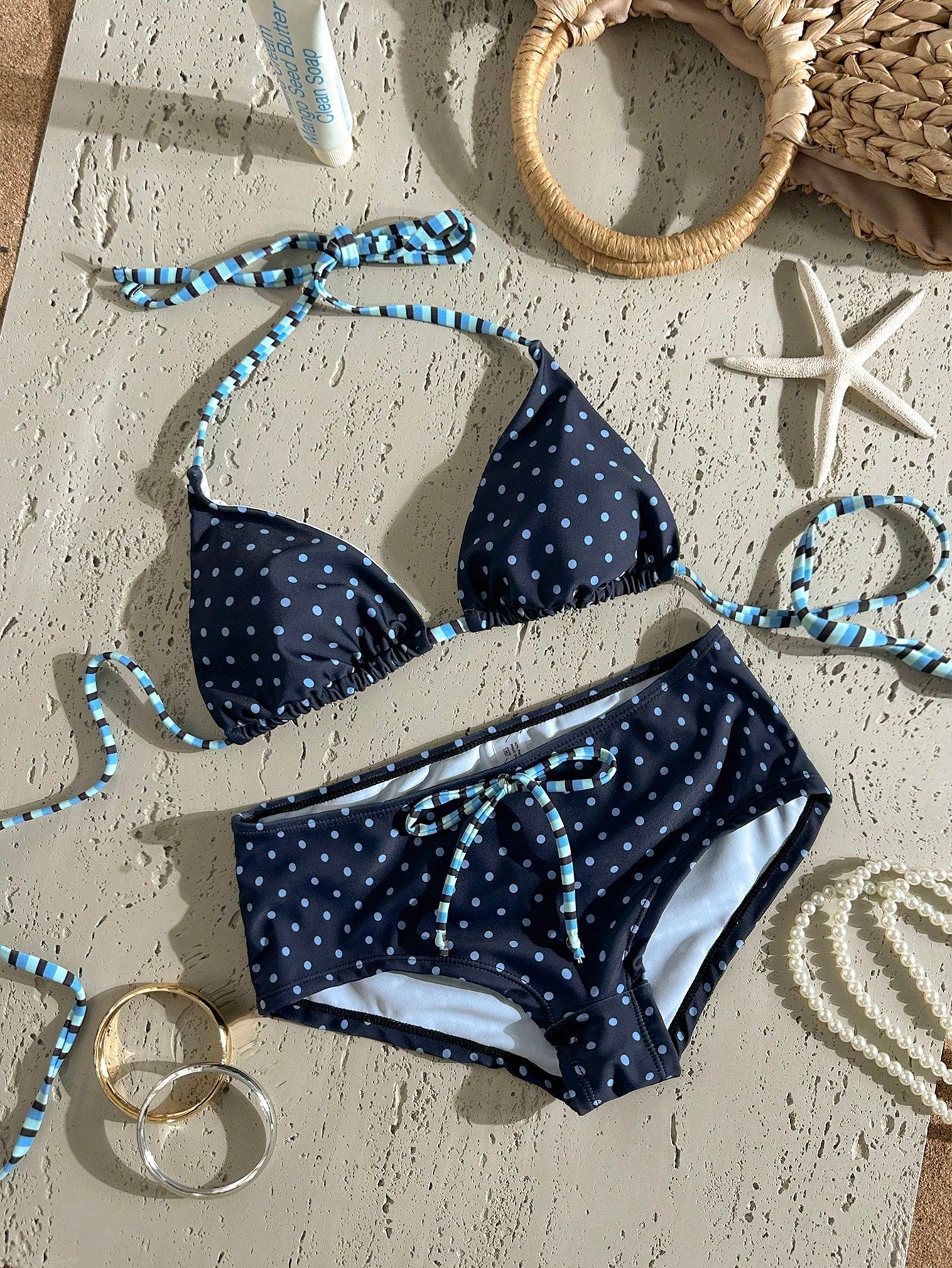 Swim Mod 2026SS New Women's Swimwear Navy Blue Polka Dot Bikini Sets,Summer Tropical Holiday Vacation,Vintage Beach/Resort Bathing Suits,Boho Sweet Set