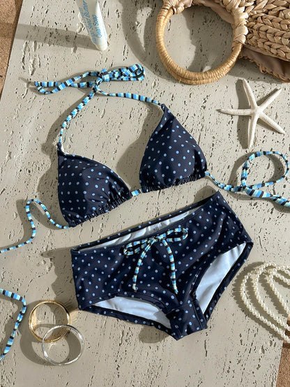 Swim Mod 2026SS New Women's Swimwear Navy Blue Polka Dot Bikini Sets,Summer Tropical Holiday Vacation,Vintage Beach/Resort Bathing Suits,Boho Sweet Set