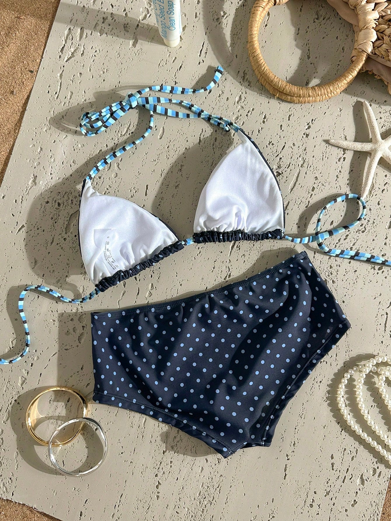 Swim Mod 2026SS New Women's Swimwear Navy Blue Polka Dot Bikini Sets,Summer Tropical Holiday Vacation,Vintage Beach/Resort Bathing Suits,Boho Sweet Set