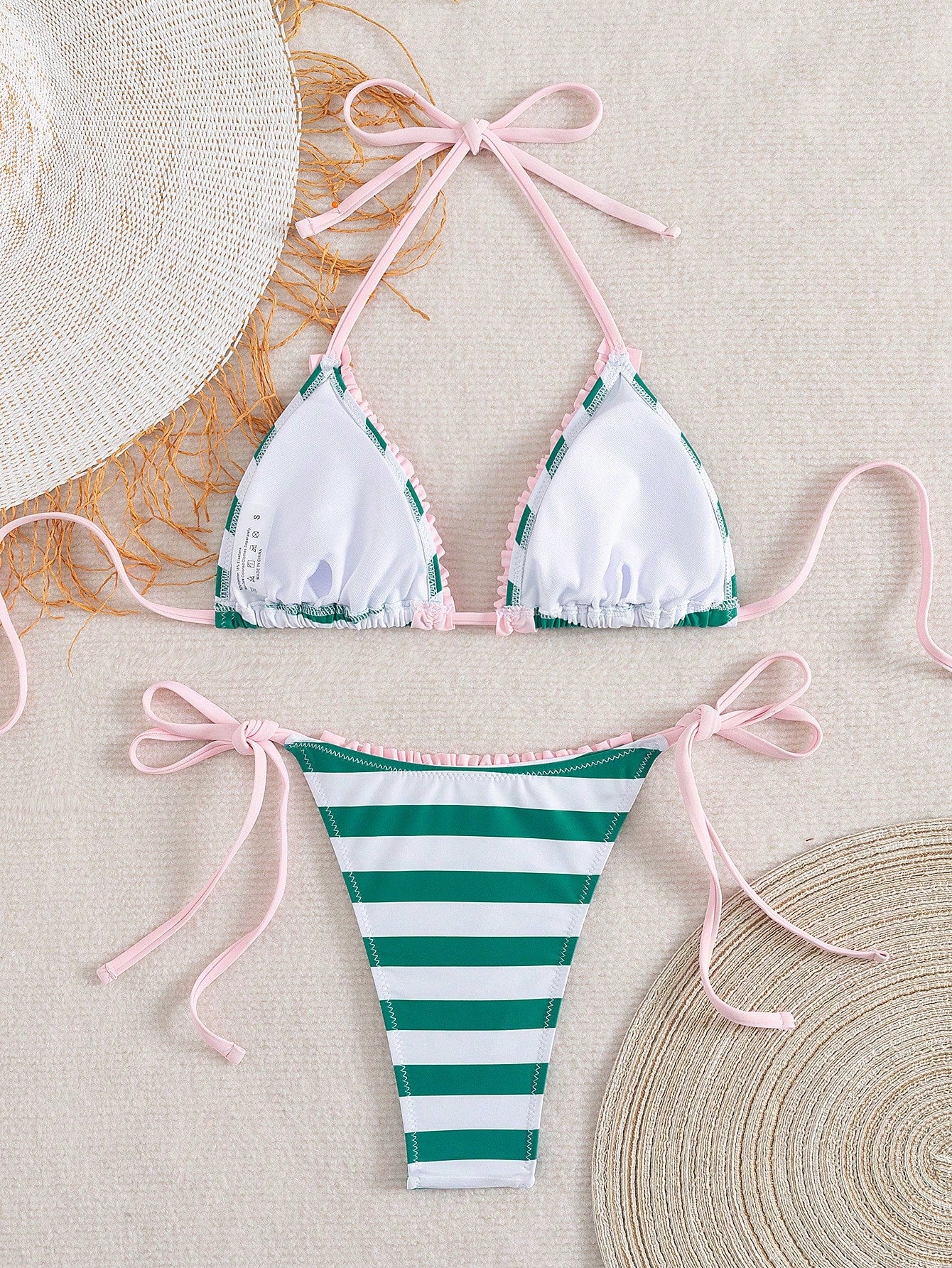 Swim Mod 2pcs Green Floral Print Sexy Backless Halter Lace-Up Women Swimwear Set, Summer
