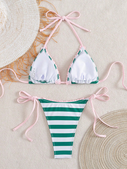 Swim Mod 2pcs Green Floral Print Sexy Backless Halter Lace-Up Women Swimwear Set, Summer