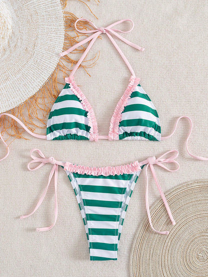 Swim Mod 2pcs Green Floral Print Sexy Backless Halter Lace-Up Women Swimwear Set, Summer