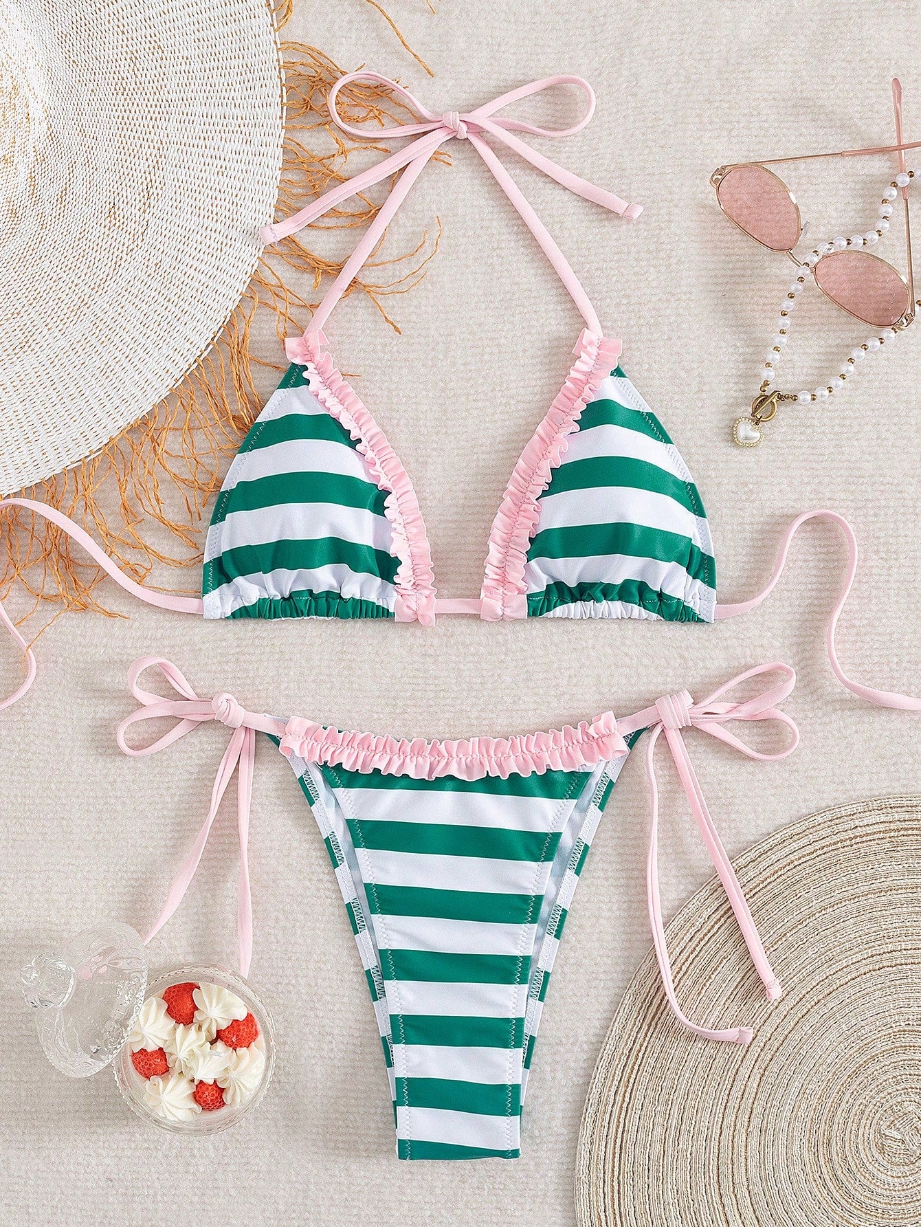 Swim Mod 2pcs Green Floral Print Sexy Backless Halter Lace-Up Women Swimwear Set, Summer