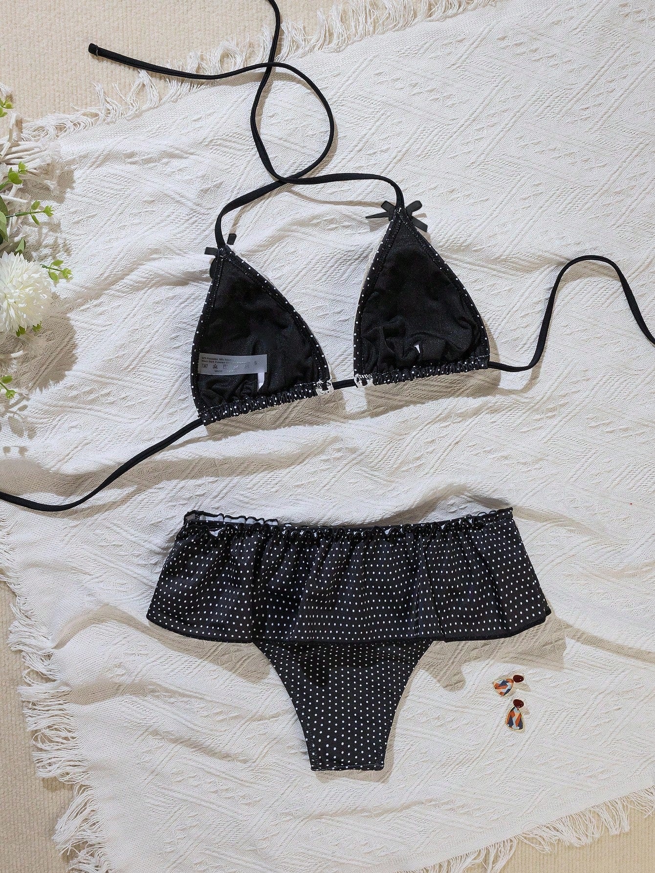 Swim Mod 2pcs/Set Polka Dot Print Halter Neck Bowknot Ruffled Hem Bottom Cute Girl Bikini Swimwear Set For Women For Summer Beach Vacation