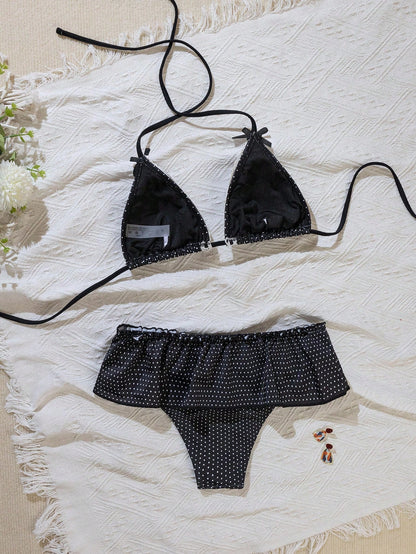 Swim Mod 2pcs/Set Polka Dot Print Halter Neck Bowknot Ruffled Hem Bottom Cute Girl Bikini Swimwear Set For Women For Summer Beach Vacation