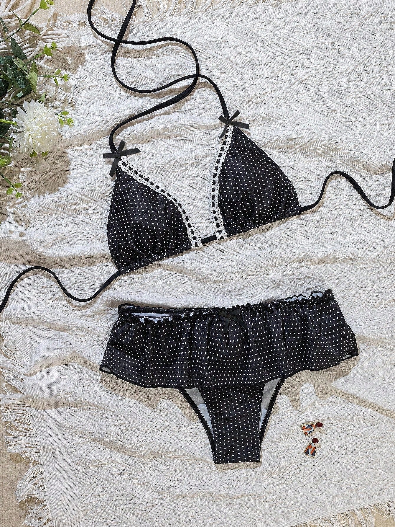 Swim Mod 2pcs/Set Polka Dot Print Halter Neck Bowknot Ruffled Hem Bottom Cute Girl Bikini Swimwear Set For Women For Summer Beach Vacation