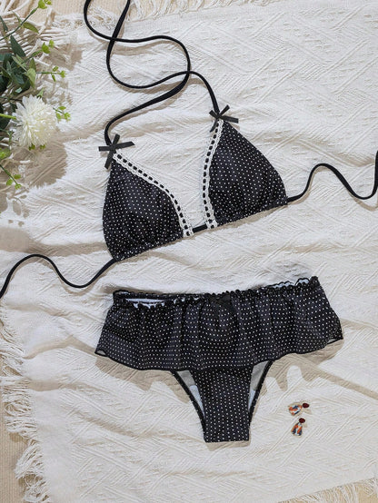 Swim Mod 2pcs/Set Polka Dot Print Halter Neck Bowknot Ruffled Hem Bottom Cute Girl Bikini Swimwear Set For Women For Summer Beach Vacation