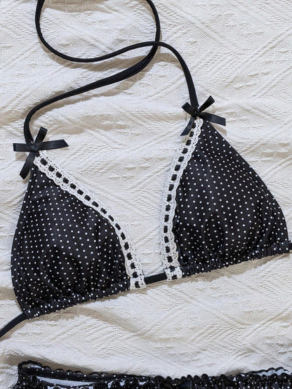Swim Mod 2pcs/Set Polka Dot Print Halter Neck Bowknot Ruffled Hem Bottom Cute Girl Bikini Swimwear Set For Women For Summer Beach Vacation