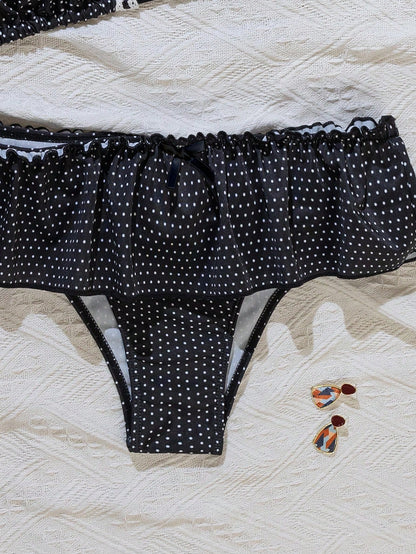 Swim Mod 2pcs/Set Polka Dot Print Halter Neck Bowknot Ruffled Hem Bottom Cute Girl Bikini Swimwear Set For Women For Summer Beach Vacation