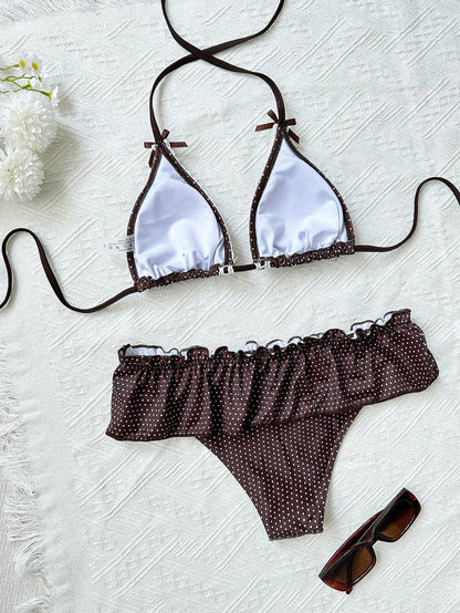 Swim Mod 2pcs/Set Polka Dot Print Halter Neck Bowknot Ruffled Hem Bottom Cute Girl Bikini Swimwear Set For Women For Summer Beach Vacation