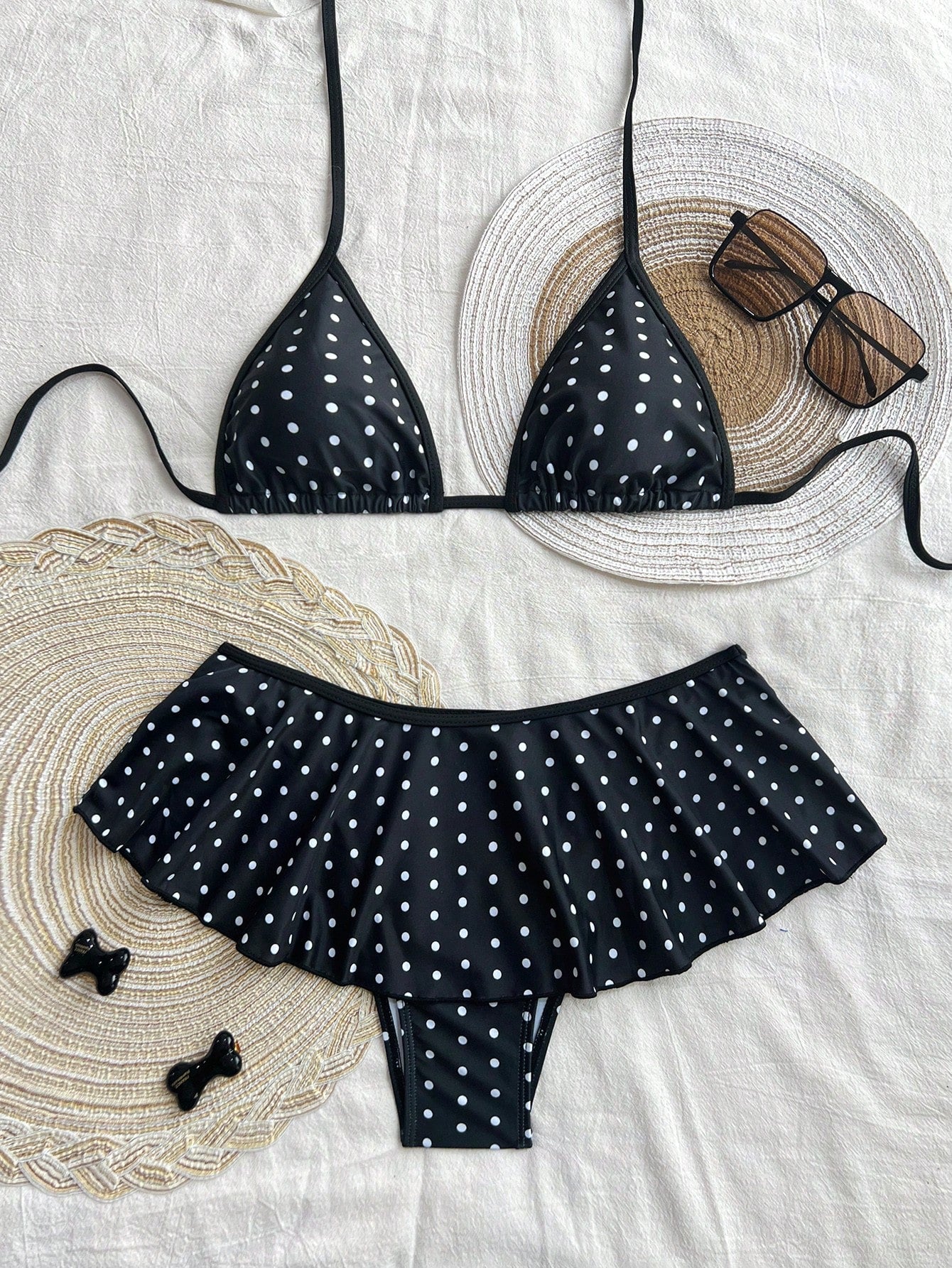 Swim Mod 2pcs/Set Spring Break Women Beachwear Summer Outfits: Spaghetti Strap Polka Dot Print Top And Contrast Ruffle Trim Bikini Bottom Bikini Set Set