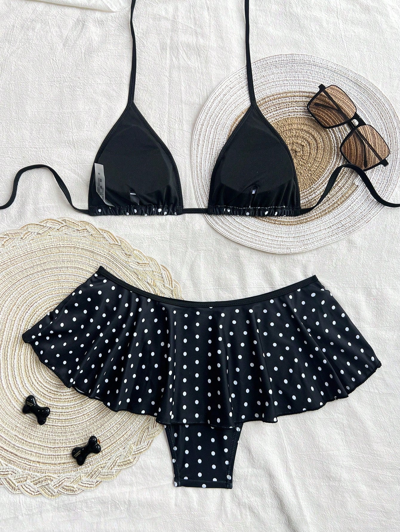 Swim Mod 2pcs/Set Spring Break Women Beachwear Summer Outfits: Spaghetti Strap Polka Dot Print Top And Contrast Ruffle Trim Bikini Bottom Bikini Set Set