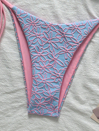 Swim Mod 2pcs/Set Springbreak Vacation Floral Texture Halter Triangle Side Tie Swim Trunks Cute Bikini Swimsuit For Summer