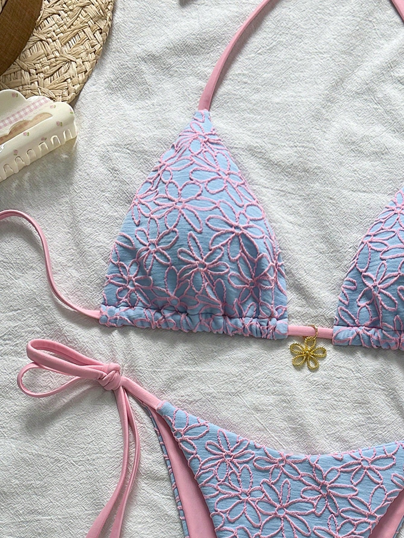 Swim Mod 2pcs/Set Springbreak Vacation Floral Texture Halter Triangle Side Tie Swim Trunks Cute Bikini Swimsuit For Summer