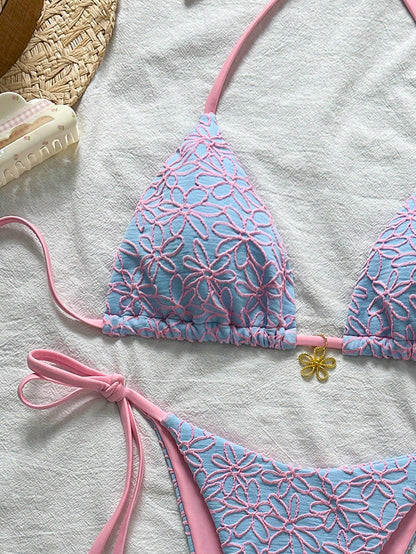 Swim Mod 2pcs/Set Springbreak Vacation Floral Texture Halter Triangle Side Tie Swim Trunks Cute Bikini Swimsuit For Summer