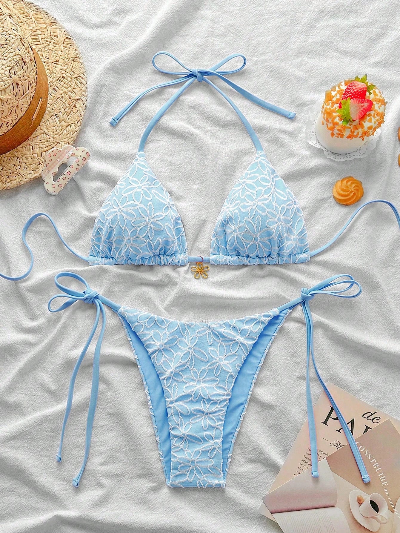 Swim Mod 2pcs/Set Springbreak Vacation Floral Texture Halter Triangle Side Tie Swim Trunks Cute Bikini Swimsuit For Summer