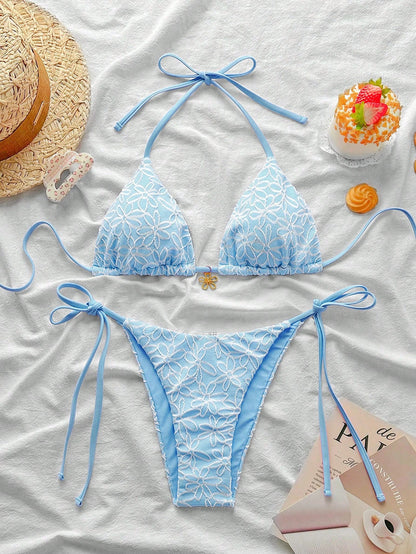 Swim Mod 2pcs/Set Springbreak Vacation Floral Texture Halter Triangle Side Tie Swim Trunks Cute Bikini Swimsuit For Summer