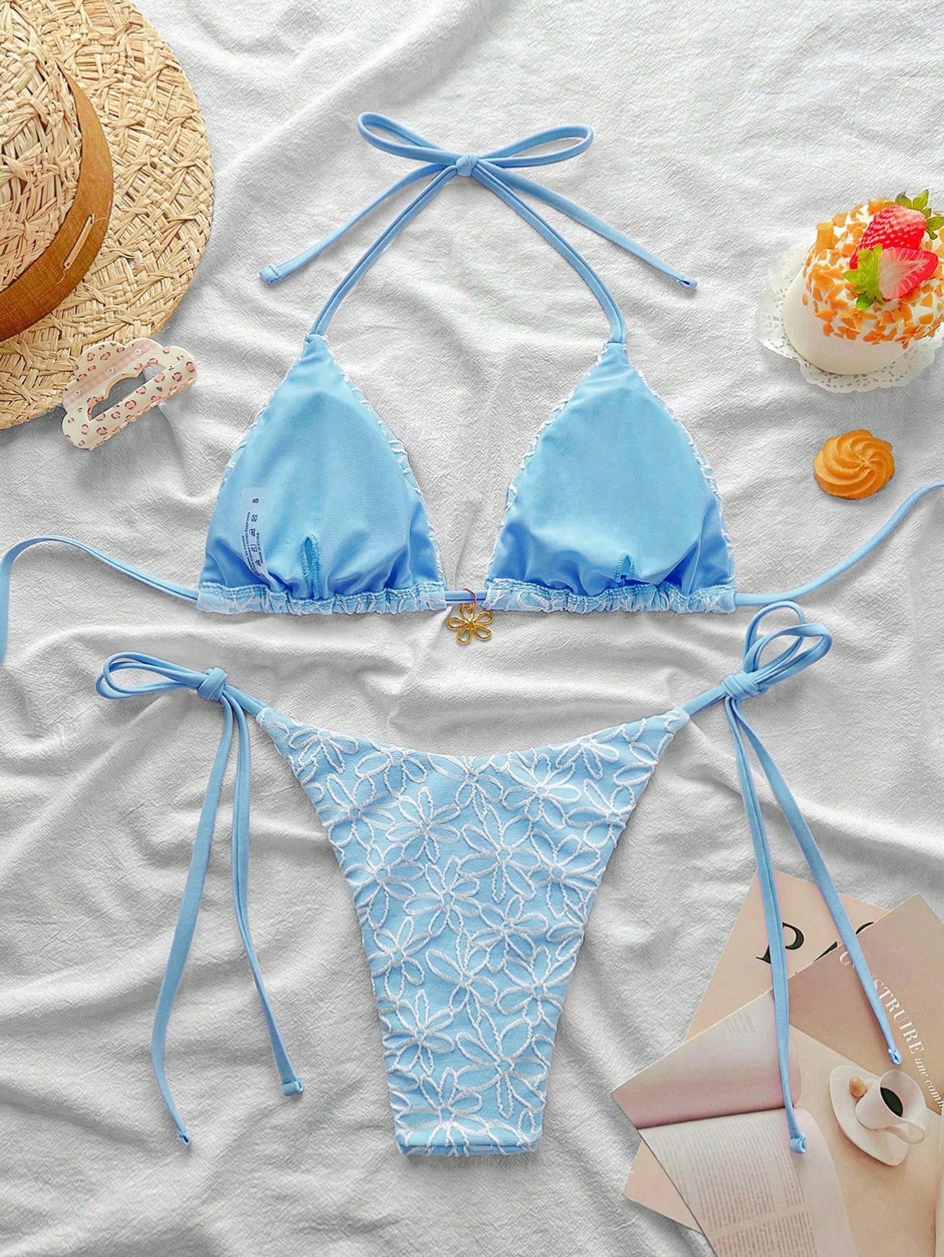 Swim Mod 2pcs/Set Springbreak Vacation Floral Texture Halter Triangle Side Tie Swim Trunks Cute Bikini Swimsuit For Summer