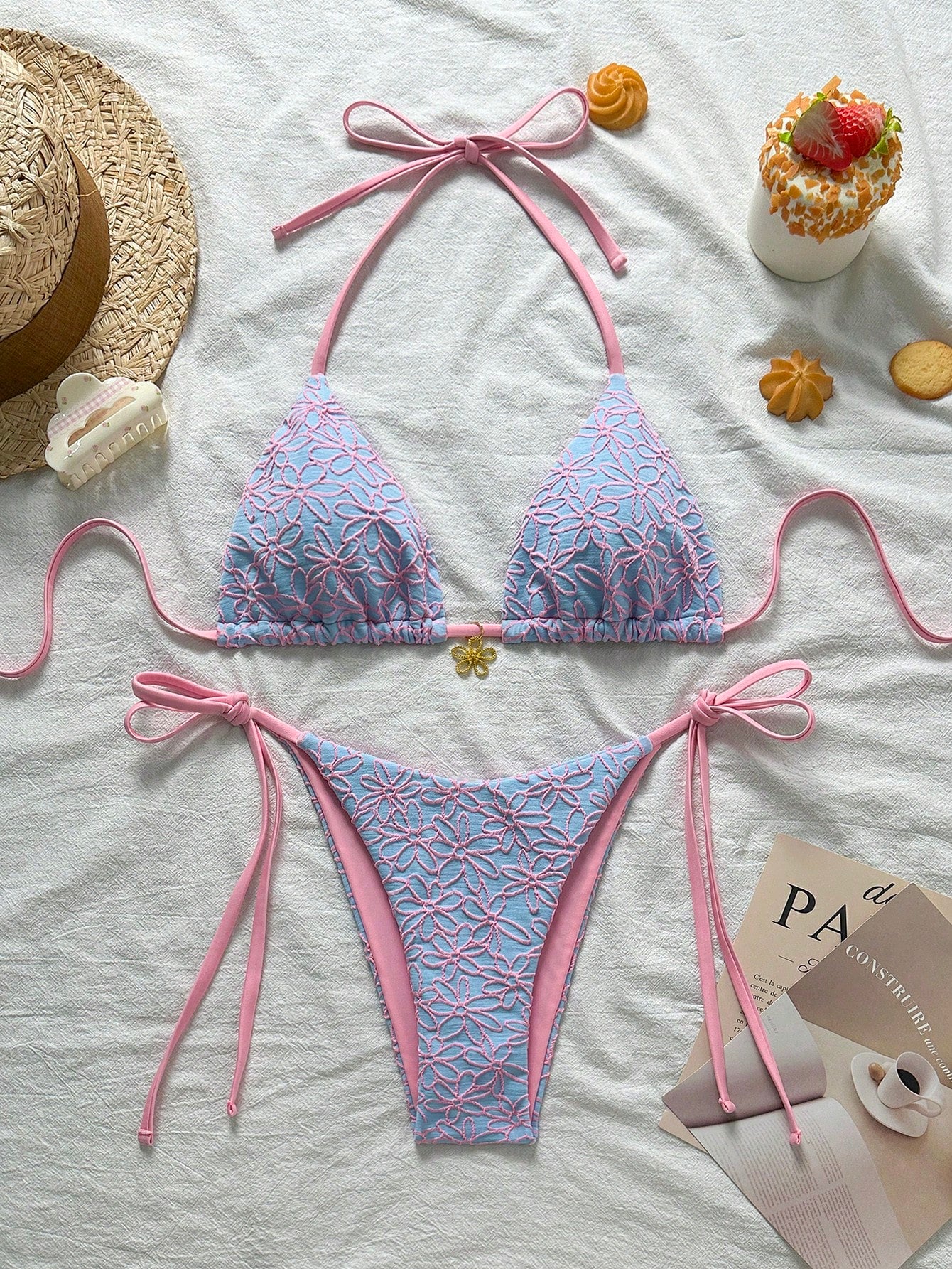 Swim Mod 2pcs/Set Springbreak Vacation Floral Texture Halter Triangle Side Tie Swim Trunks Cute Bikini Swimsuit For Summer