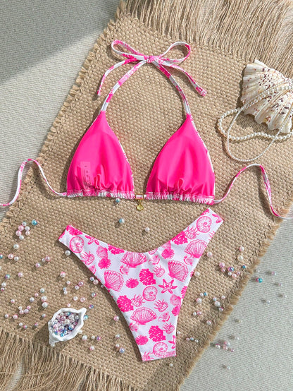 Swim Mod 2pcs/Set Summer Vacation Random Print Golden Shell Pendant Halter Bra Top & High-Cut Bikini Swimwear