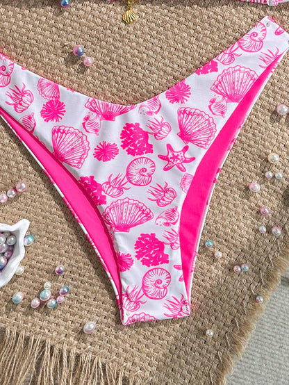 Swim Mod 2pcs/Set Summer Vacation Random Print Golden Shell Pendant Halter Bra Top & High-Cut Bikini Swimwear