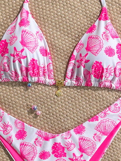 Swim Mod 2pcs/Set Summer Vacation Random Print Golden Shell Pendant Halter Bra Top & High-Cut Bikini Swimwear
