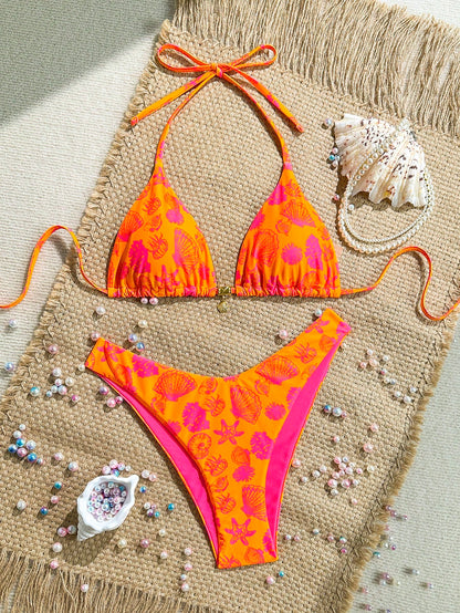 Swim Mod 2pcs/Set Summer Vacation Random Print Golden Shell Pendant Halter Bra Top & High-Cut Bikini Swimwear