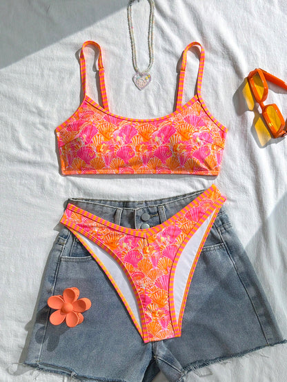 Swim Mod 2pcs/Set Women's Beach Bikini Set, Random Colorful Ocean Element & Shell Strap, Geometric Contrast Trim Design