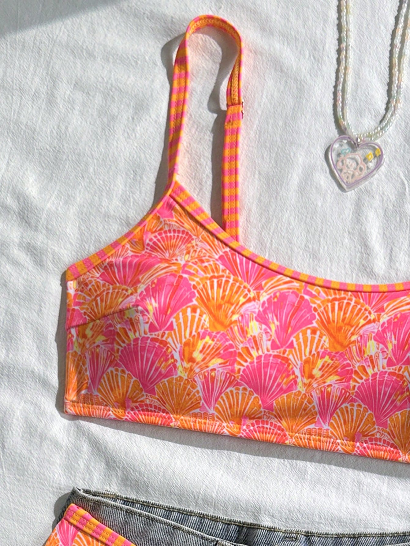 Swim Mod 2pcs/Set Women's Beach Bikini Set, Random Colorful Ocean Element & Shell Strap, Geometric Contrast Trim Design