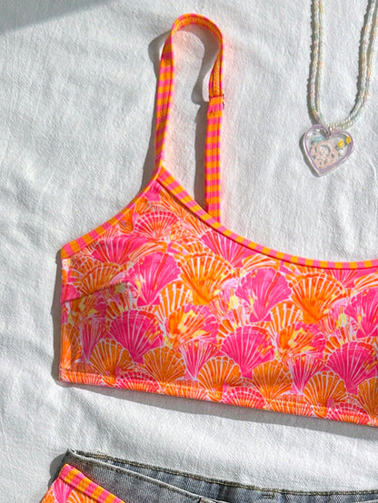 Swim Mod 2pcs/Set Women's Beach Bikini Set, Random Colorful Ocean Element & Shell Strap, Geometric Contrast Trim Design