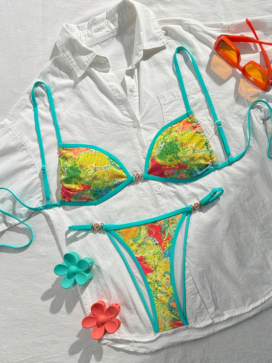 Swim Mod 2pcs/Set Women's Beach Vacation Valentine's Day Beach Party Swimwear, Multicolor Printed Bikini For Summer