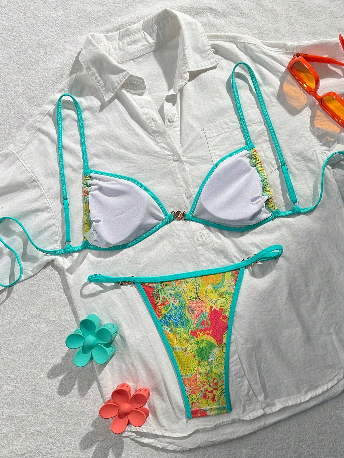 Swim Mod 2pcs/Set Women's Beach Vacation Valentine's Day Beach Party Swimwear, Multicolor Printed Bikini For Summer
