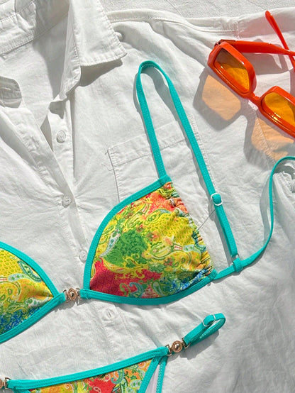 Swim Mod 2pcs/Set Women's Beach Vacation Valentine's Day Beach Party Swimwear, Multicolor Printed Bikini For Summer