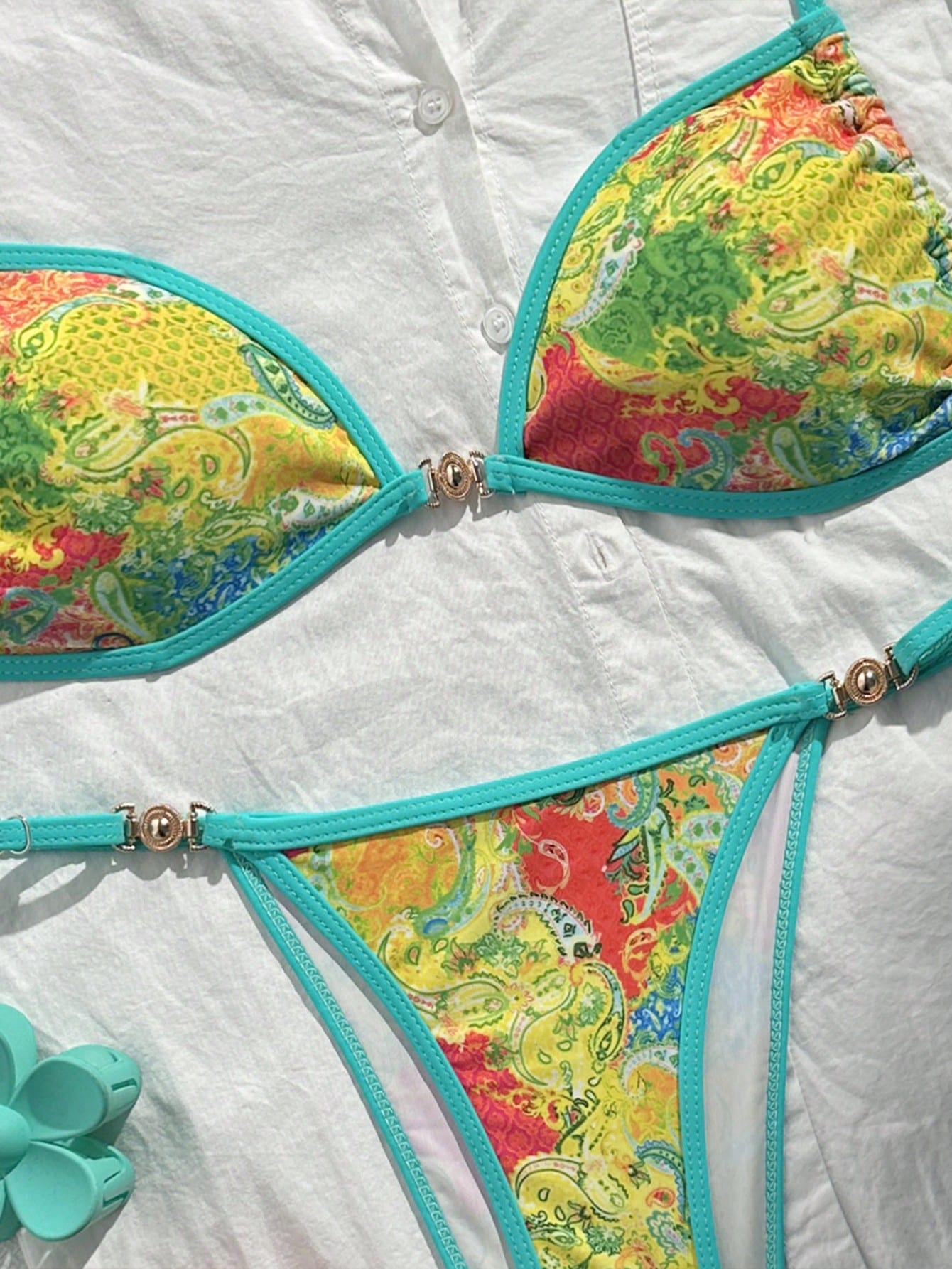 Swim Mod 2pcs/Set Women's Beach Vacation Valentine's Day Beach Party Swimwear, Multicolor Printed Bikini For Summer