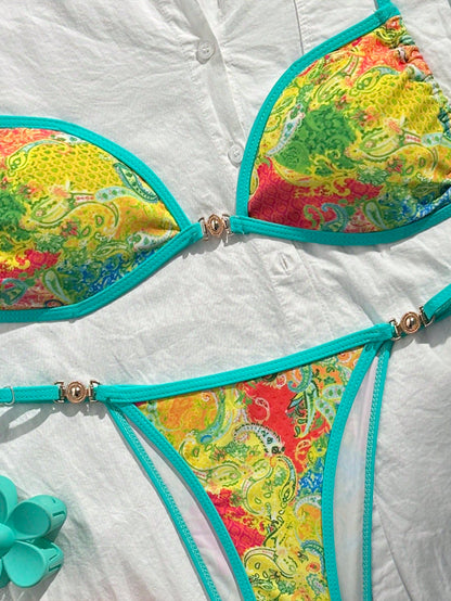 Swim Mod 2pcs/Set Women's Beach Vacation Valentine's Day Beach Party Swimwear, Multicolor Printed Bikini For Summer