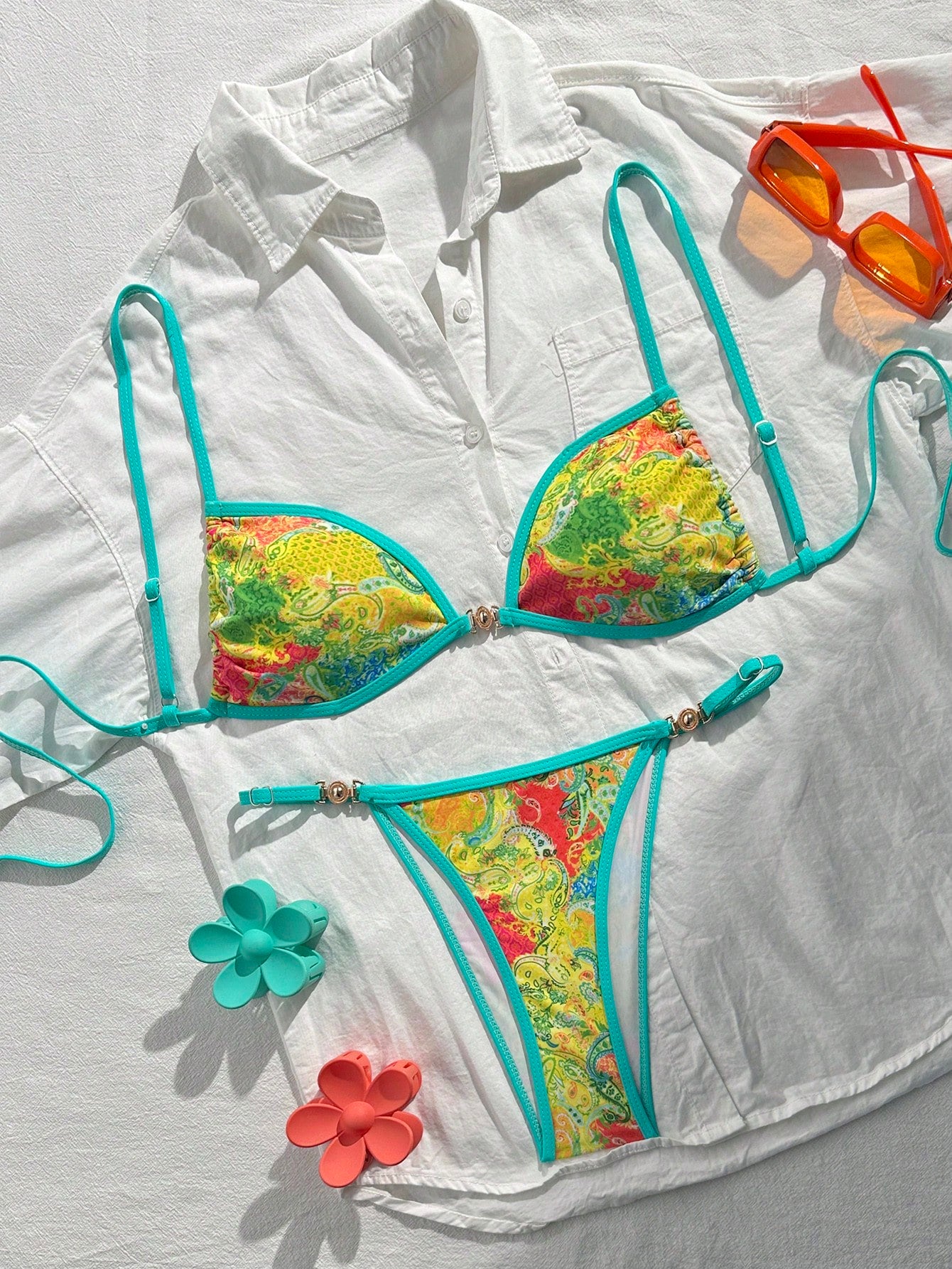 Swim Mod 2pcs/Set Women's Beach Vacation Valentine's Day Beach Party Swimwear, Multicolor Printed Bikini For Summer