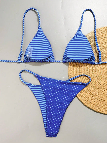 Swim Mod 2pcs/Set Women's Reversible Striped & Polka Dot Print Casual Bikini Swimwear Set
