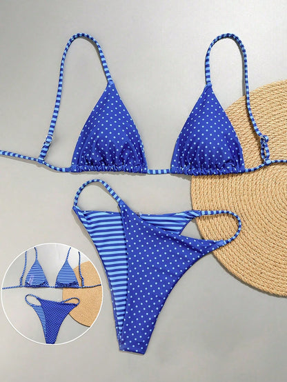 Swim Mod 2pcs/Set Women's Reversible Striped & Polka Dot Print Casual Bikini Swimwear Set