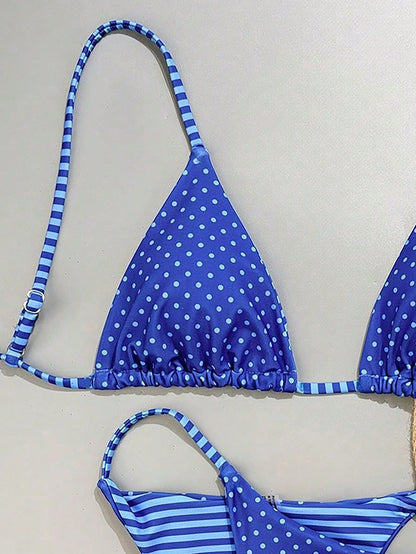 Swim Mod 2pcs/Set Women's Reversible Striped & Polka Dot Print Casual Bikini Swimwear Set