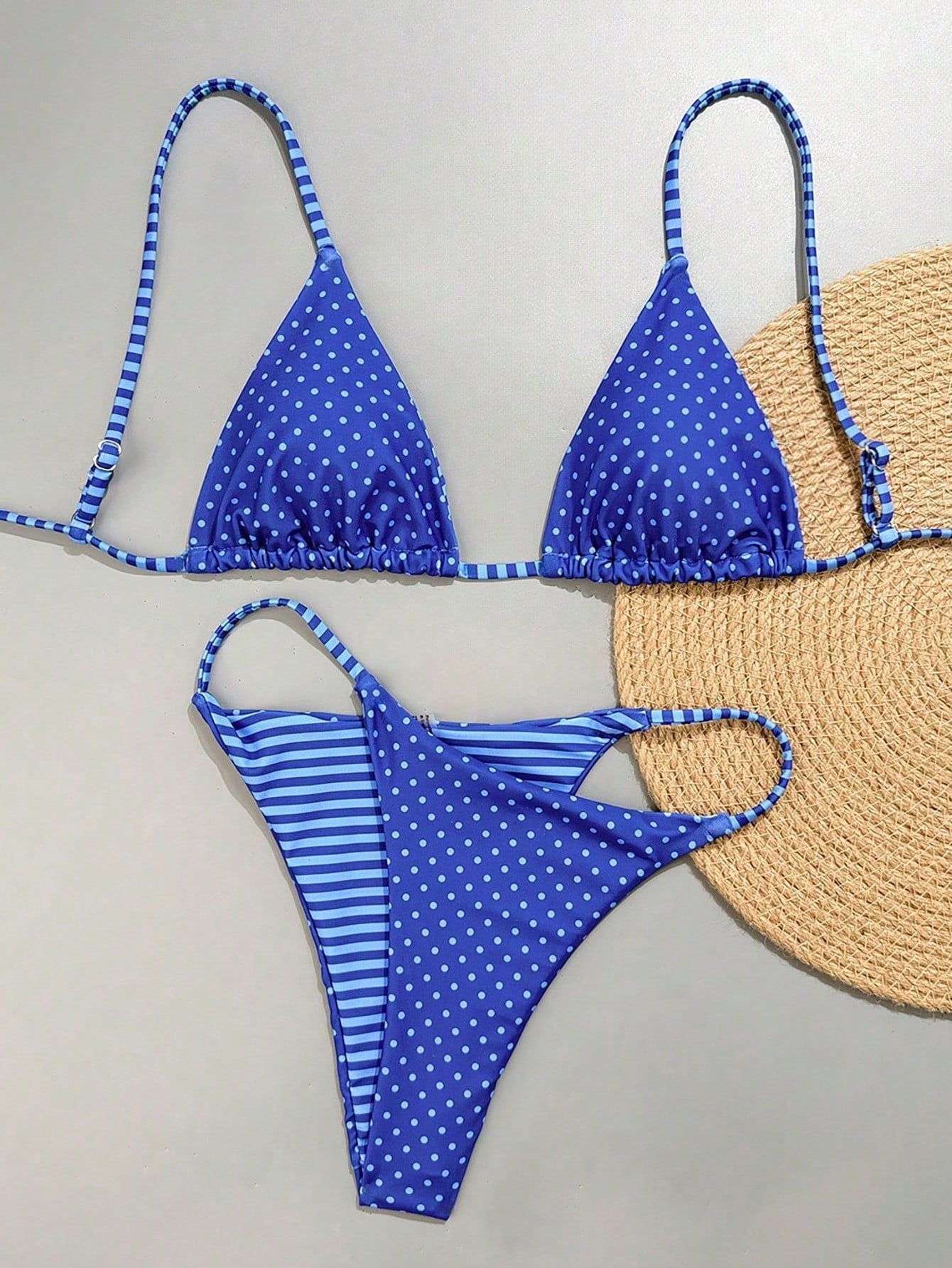 Swim Mod 2pcs/Set Women's Reversible Striped & Polka Dot Print Casual Bikini Swimwear Set