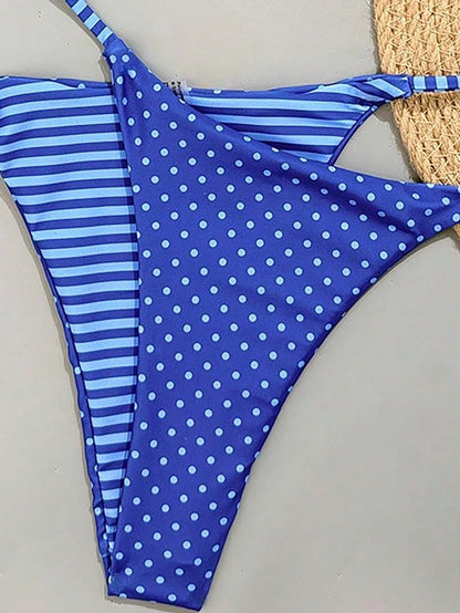 Swim Mod 2pcs/Set Women's Reversible Striped & Polka Dot Print Casual Bikini Swimwear Set
