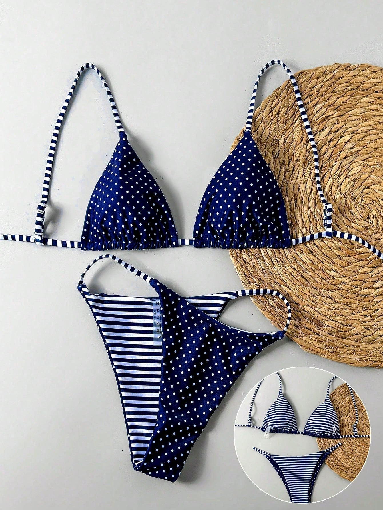 Swim Mod 2pcs/Set Women's Reversible Striped & Polka Dot Print Casual Bikini Swimwear Set