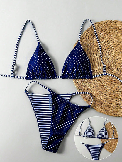 Swim Mod 2pcs/Set Women's Reversible Striped & Polka Dot Print Casual Bikini Swimwear Set