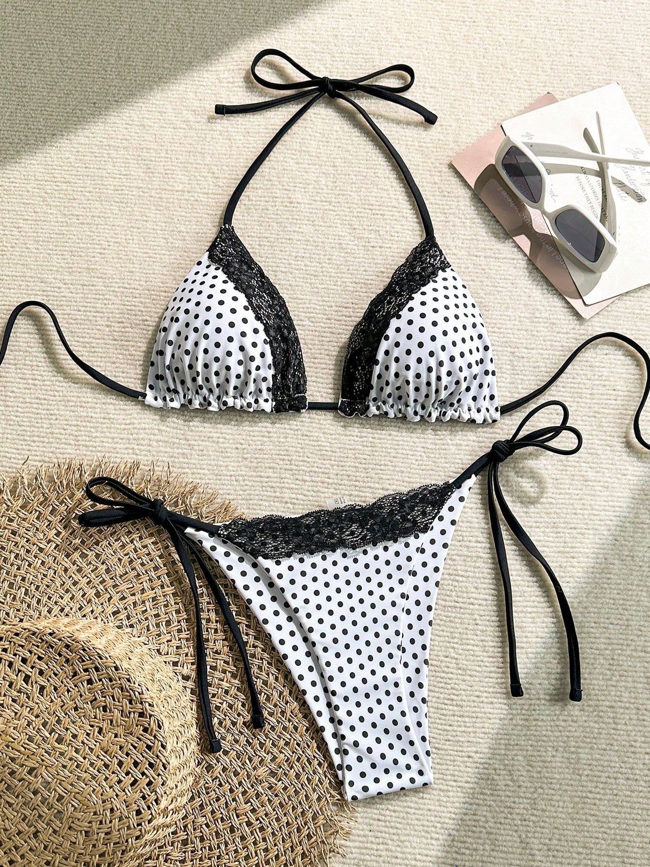 Swim Mod 2pcs/Set Women Summer Beach Lace Polka Dot Print Halter Tie Sexy Bikini Swimsuit Set, Random Print