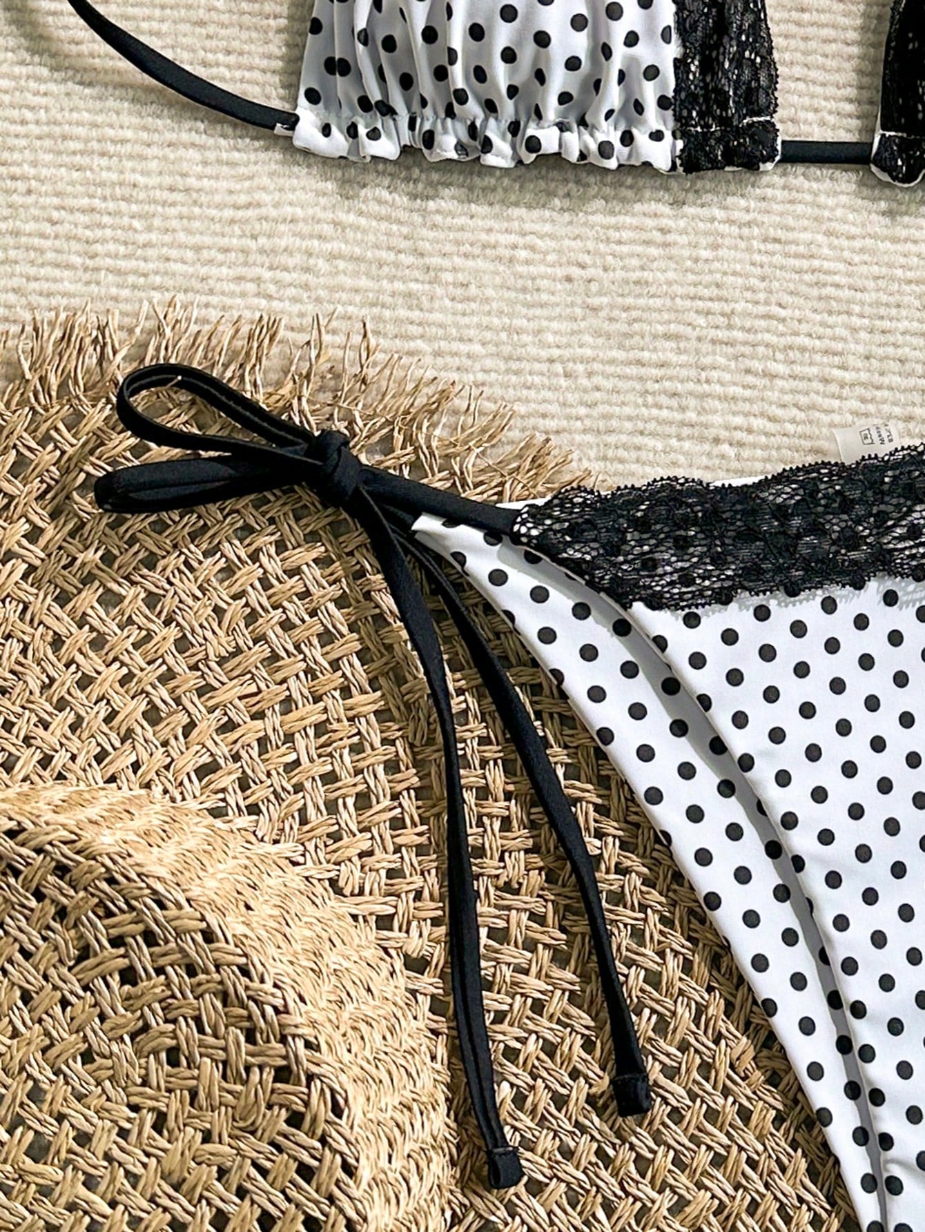 Swim Mod 2pcs/Set Women Summer Beach Lace Polka Dot Print Halter Tie Sexy Bikini Swimsuit Set, Random Print