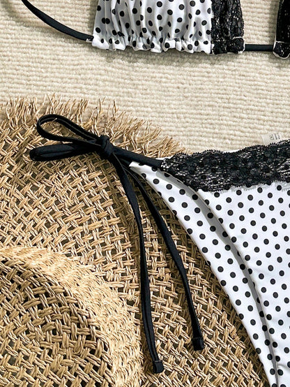 Swim Mod 2pcs/Set Women Summer Beach Lace Polka Dot Print Halter Tie Sexy Bikini Swimsuit Set, Random Print