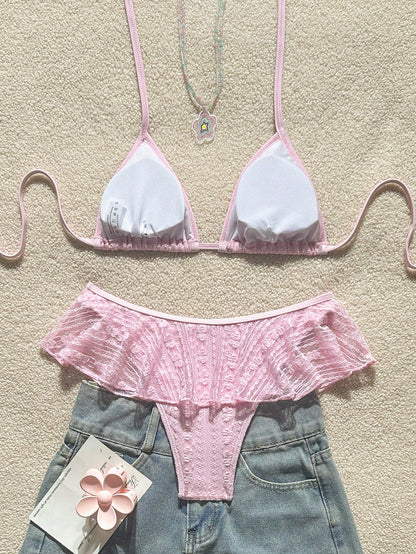 Swim Mod 2pcs Solid Color Minimalist Sexy Spaghetti Strap Halter Triangle Bikini Top And Wavy Edge Triangle Bikini Bottom Set