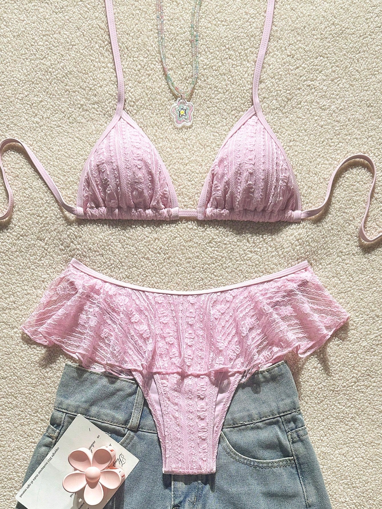 Swim Mod 2pcs Solid Color Minimalist Sexy Spaghetti Strap Halter Triangle Bikini Top And Wavy Edge Triangle Bikini Bottom Set