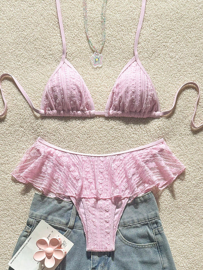 Swim Mod 2pcs Solid Color Minimalist Sexy Spaghetti Strap Halter Triangle Bikini Top And Wavy Edge Triangle Bikini Bottom Set